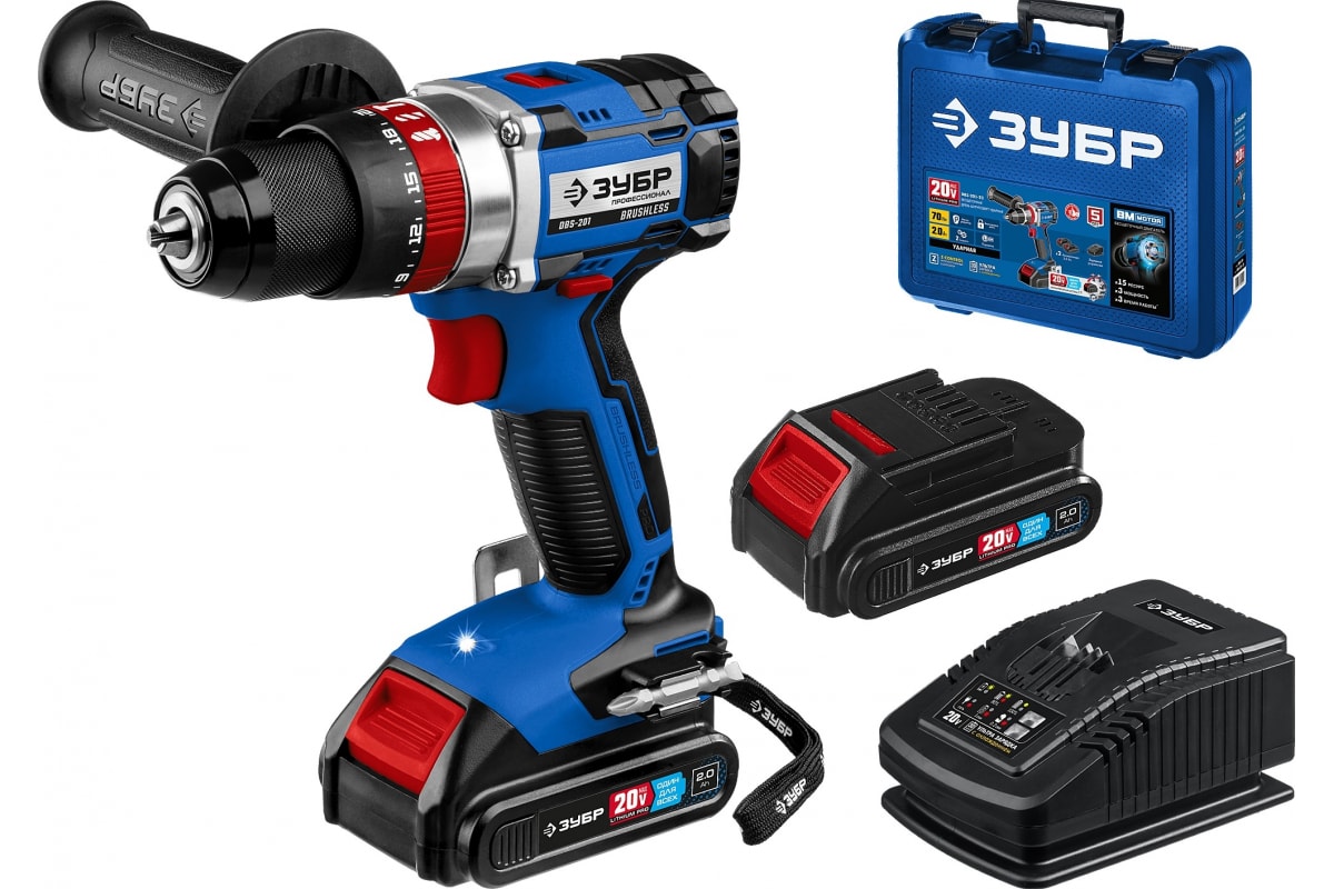 Дрель-шуруповерт ударная Зубр Профессионал бесщеточная 20В, 2АКБ, 2Ач, в кейсе