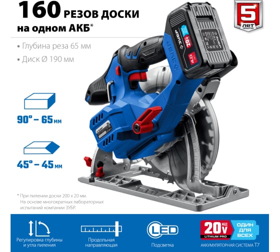 Пила циркулярная аккумуляторная Зубр Профессионал бесщеточная, 20В, 1АКБ (4Ач), в кейсе (CPB-190-41)