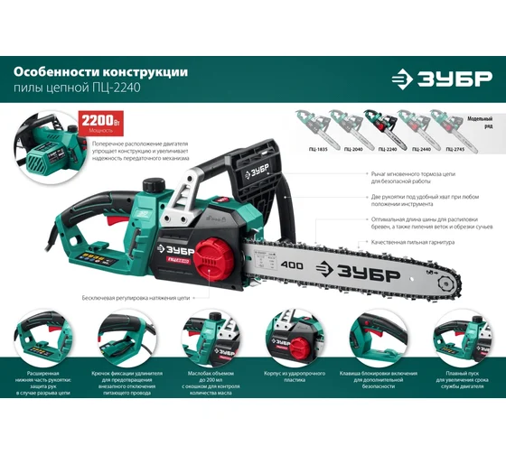 Пила цепная электрическая Зубр 2200 Вт, 40см