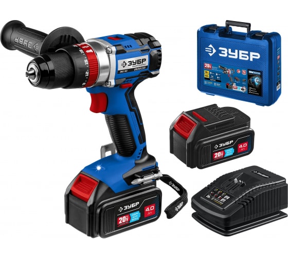 Дрель-шуруповерт аккумуляторная ударная Зубр Профессионал бесщеточная, 20В, 2х4Ач, в кейсе (DBS-201-42)
