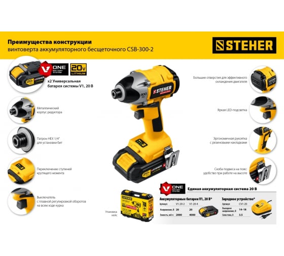 Винтоверт аккумуляторный Steher бесщеточный, 20В, 2х2Ач, 300 Н·м, в кейсе (CSB-300-2)