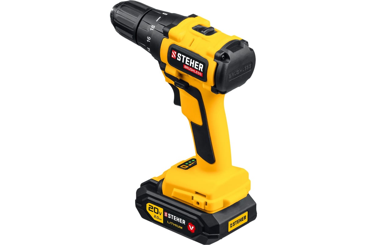 Дрель-шуруповерт аккумуляторная Steher бесщеточная, 20В, 2х4Ач, в кейсе (CDB-200-2)
