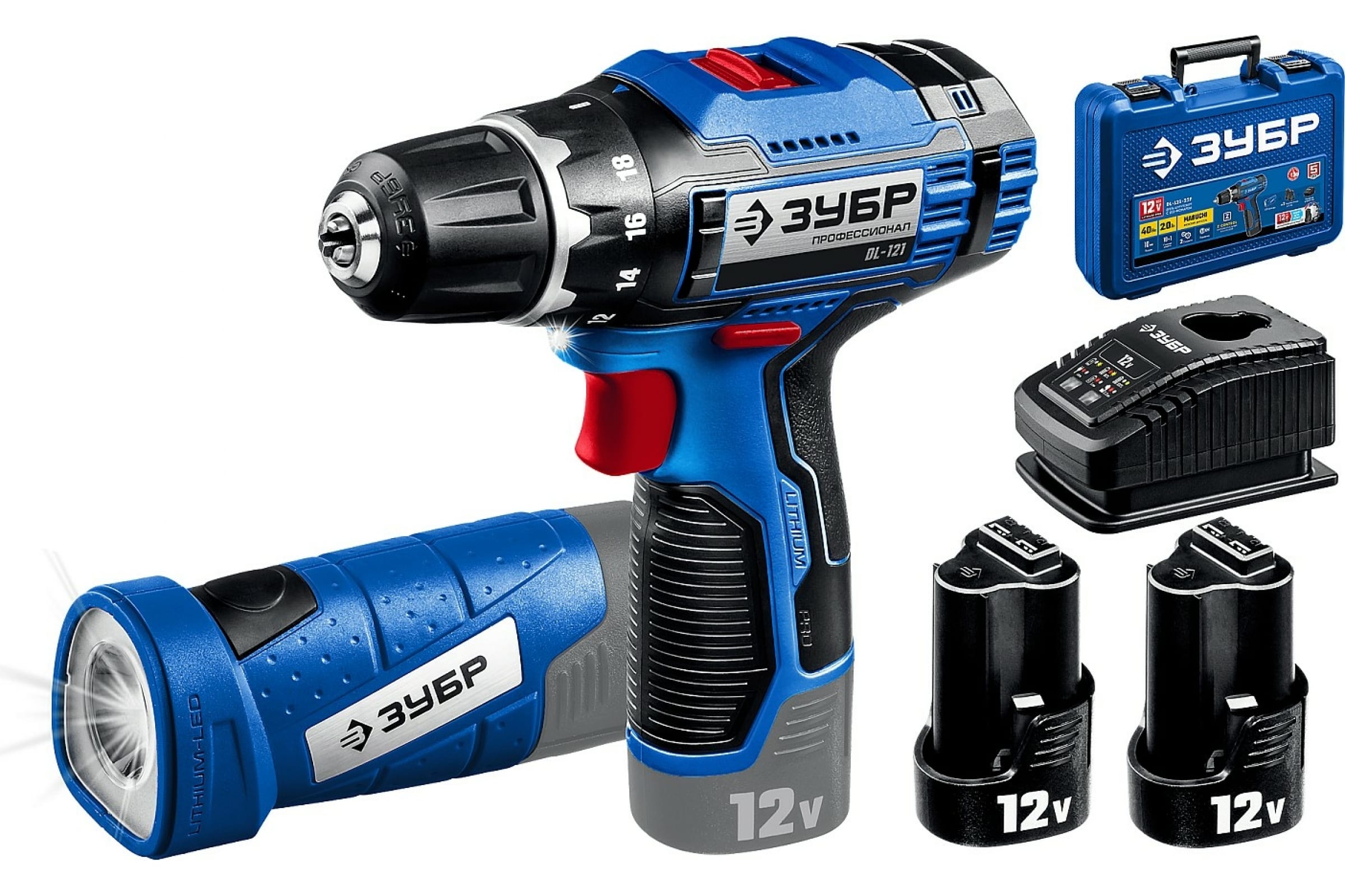 Дрель-шуруповерт аккумуляторная Зубр Профессионал 12В + LED-фонарь, 2х2Ач, в кейсе (DL-121-22F)