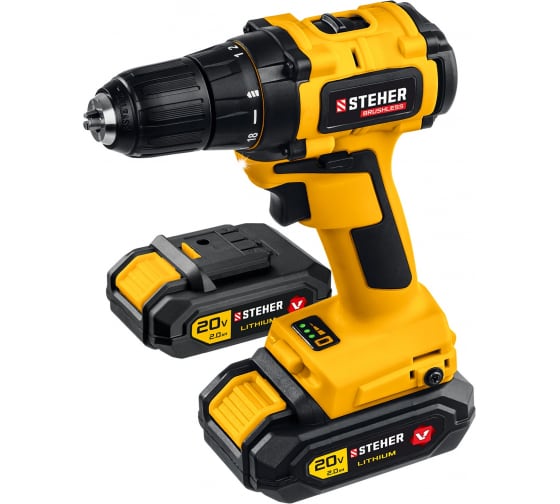 Дрель-шуруповерт аккумуляторная Steher бесщеточная, 20В, 2х4Ач, в кейсе (CDB-200-2)