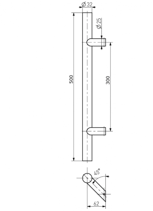 Ручка дверная круглая односторонняя, крепление 45° - 300x500 мм (ASI 304, универсальная, черная)