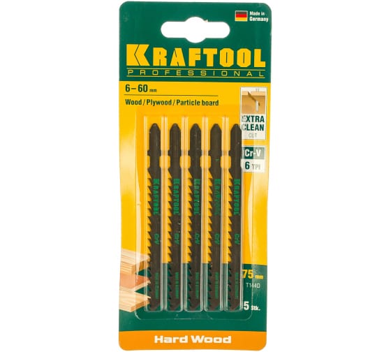 Полотно для электролобзика Kraftool T144D 75х4мм, по дереву, ДВП, ДСП, быстрый рез, Т-хвостовик, Cr-V сталь, 5 шт (159521-4-S5)